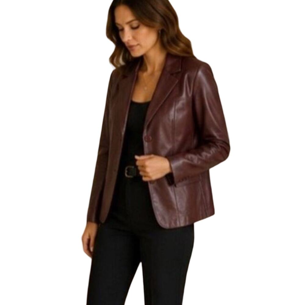 Metrostyle Leather Jacket Womens Size 12 Burgundy Lined Button Front Classic